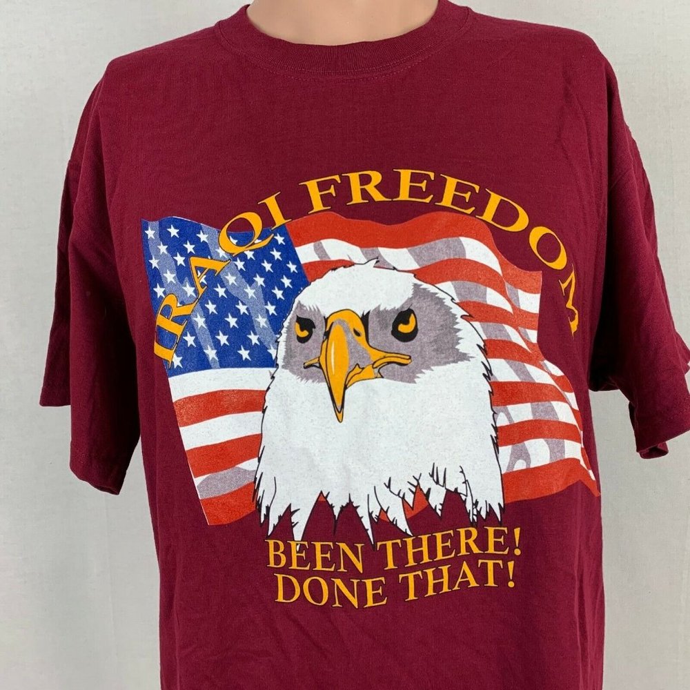 Iraqi Freedom Been There Done That T Shirt Vtg Y2K Bald Eagle USA Flag Size L